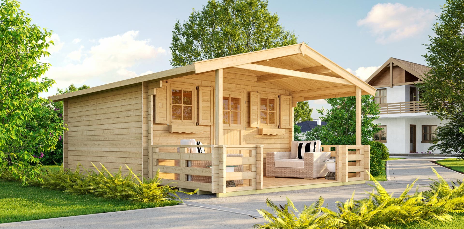 Gartenhaus aus Holz von WEKA mit angebauter Terrasse und Sitzmöbeln in einer Gartenlandschaft
