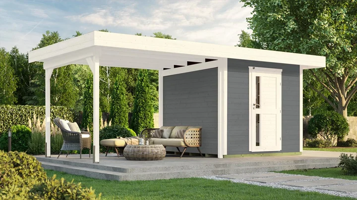 Gartenhaus Kingston 172, 530x301, Anbau2, Design-Einzeltür, grau