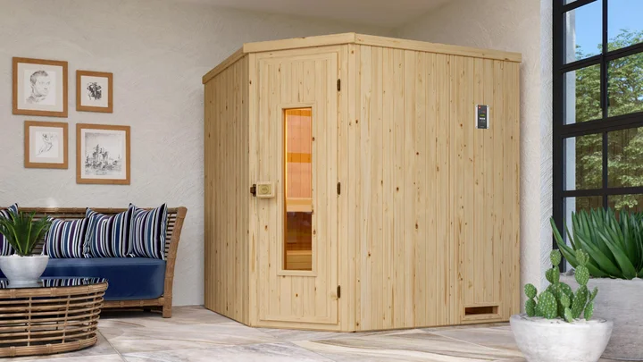 Elementsauna Varberg, 192x175, Eckeinstieg, Holztür, naturbelassen