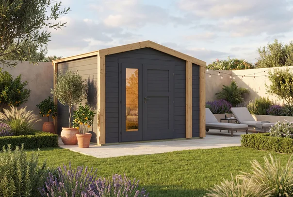 Gartenhaus Killarney, 300x250, Anbau, Design-Doppeltür, anthrazit/Eiche hell