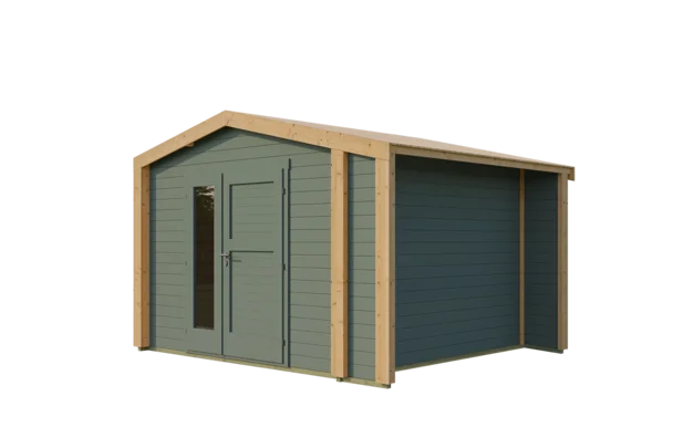 Gartenhaus Killarney, 350x300, Anbau, Design-Doppeltür, grüngrau/Eiche hell