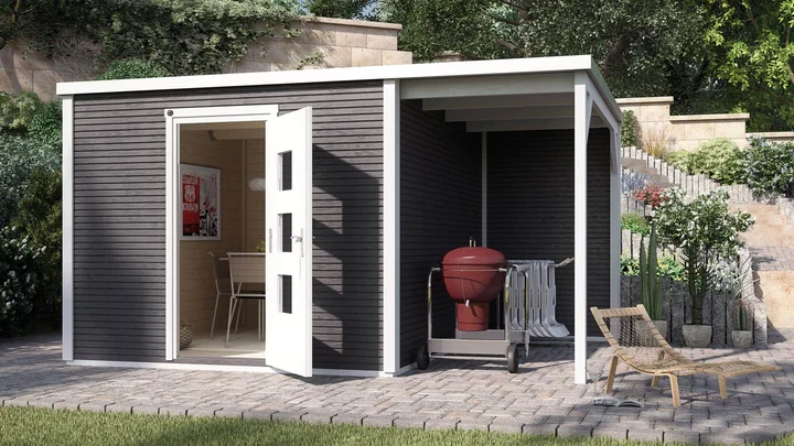 Gartenhaus Granby wekaLine 413, 450x300, Anbau1, Einzeltür, extrahoch, anthrazit