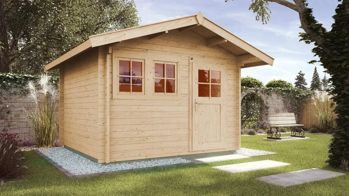 Gartenhaus Blumberg 139, 300x380, Vordach, Doppelfenster, Einzeltür, naturbelassen