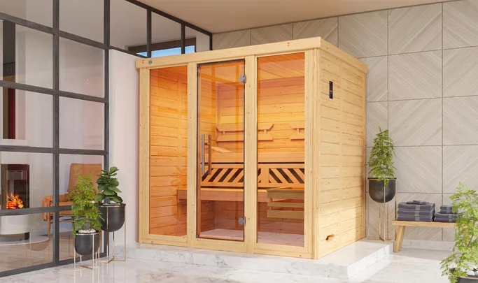 Massivholz-Elementsauna Kemi Panorama, 209x168, 2 Fenster, Glastür