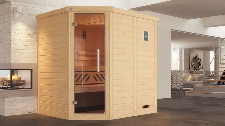 Massivholz-Elementsauna Kemi Eck, 188x140, Glastür