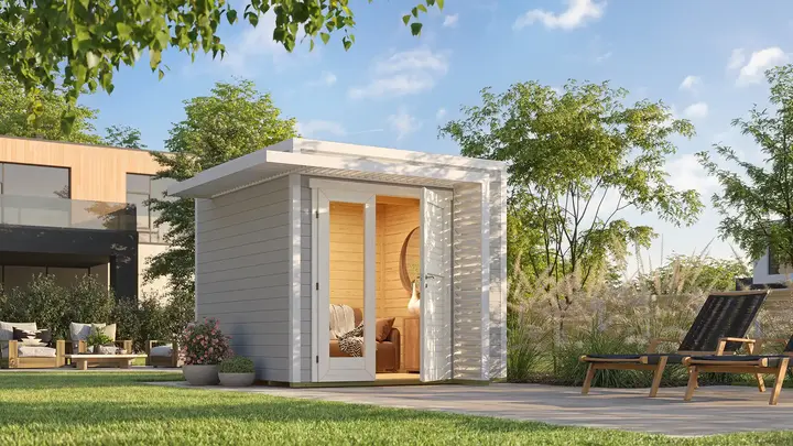 Gartenhaus Amberley, 250x250, Design-Doppeltür, grau/weiß