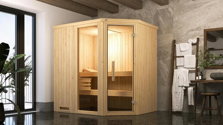 Elementsauna Varberg, 192x142, Fenster, Eckeinstieg, Glastür, naturbelassen