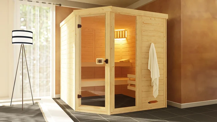 Massivholz-Elementsauna Laukkala, 188x188, Saunaleuchte, Fenster, Glastür