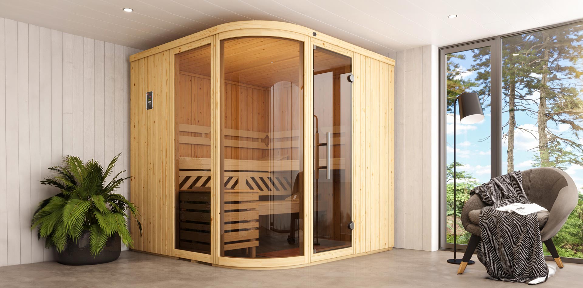 Eine Holzdesignsauna in einer Wohnzimmeratmosphäre, die Design Sauna ist nach vorne hin abgerundet und hat eine Glasfront