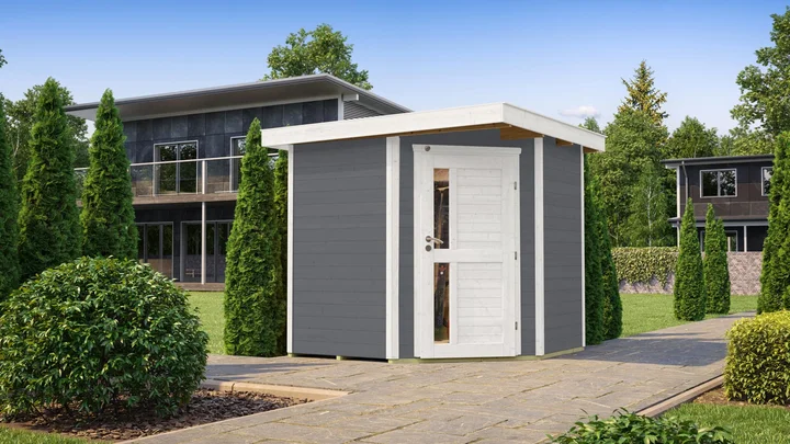 Gartenhaus Blackmount Angle 229, 209x205, Eckeinstieg, Design-Einzeltür, grau