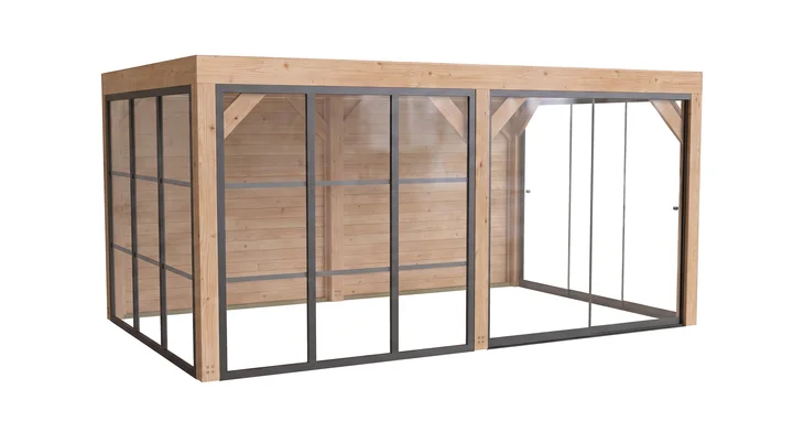 Gartenlaube Lumley, 499x307, 2 Wände, 2 Glaselemente, 2 Schiebetüren, naturbelassen