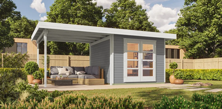 Gartenhaus Marlo 126, 590x241, Anbau2, Panoramatür, grau