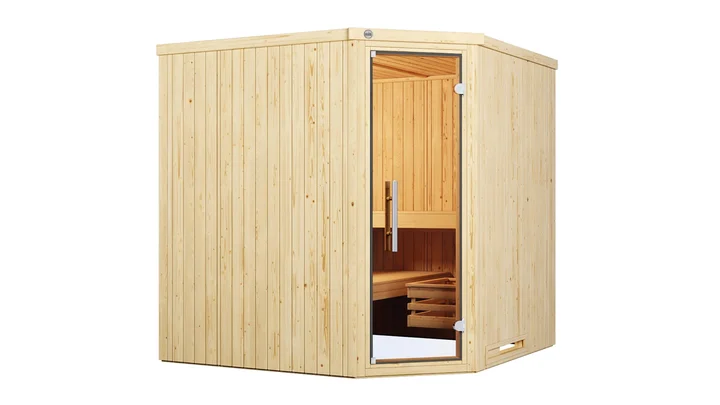 Elementsauna Varberg, 192x192, Eckeinstieg, Glastür, naturbelassen