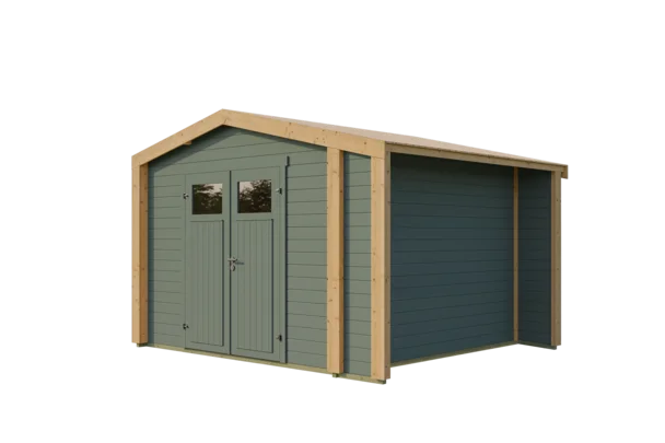 Gartenhaus Killarney, 350x300, Anbau, Doppeltür, grüngrau/Eiche hell