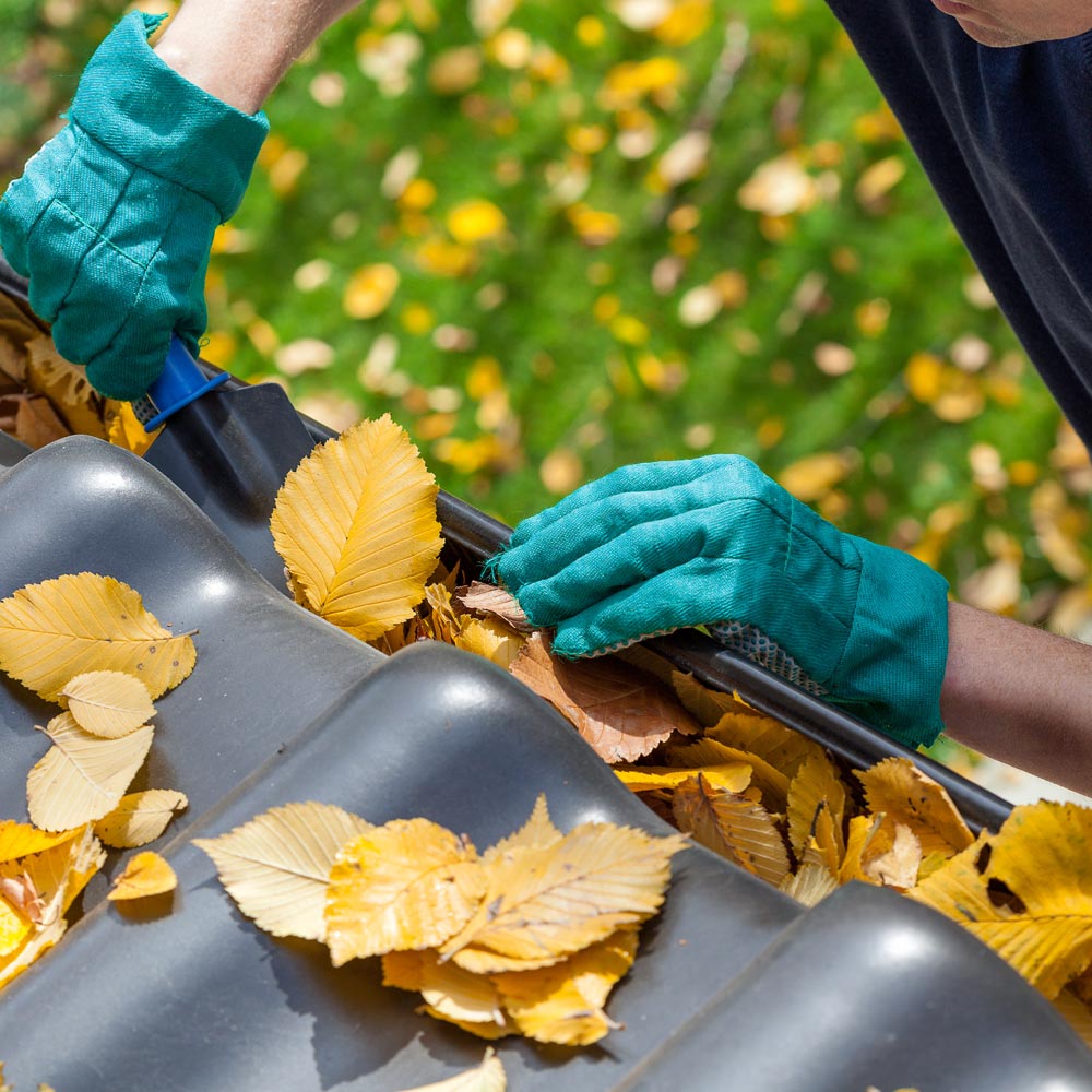 Ein Mann befreit eine Dachrinne von Herbstblättern