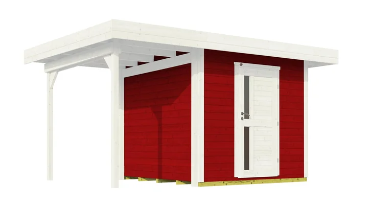Gartenhaus Kingston 172, 382x301, Anbau1, Design-Einzeltür, schwedenrot