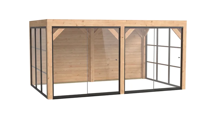 Gartenlaube Lumley, 499x307, 2 Wände, 2 Glaselemente, 2 Schiebetüren, naturbelassen