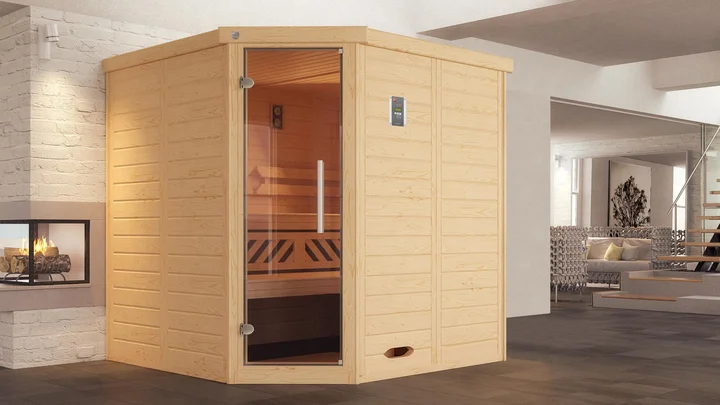 Massivholz-Elementsauna Kemi Eck, 188x188, Glastür