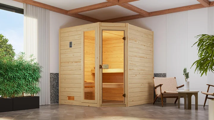 Massivholzsauna Valida Eck, 189x172, Eckeinstieg, Fenster, Glastür