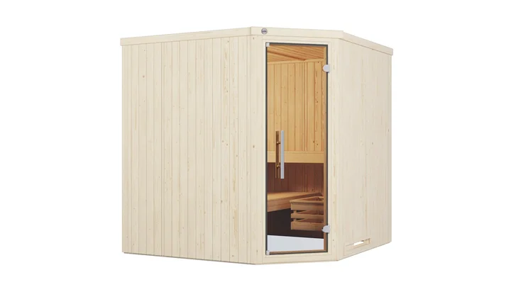 Elementsauna Varberg, 192x192, Eckeinstieg, Glastür, weiß
