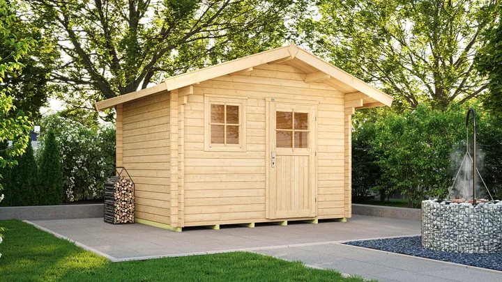 Gartenhaus Blumberg 131, 300x250, Vordach, Fenster, Einzeltür, naturbelassen