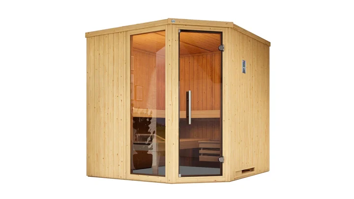 Elementsauna Varberg, 192x192, Fenster, Eckeinstieg, Glastür, naturbelassen
