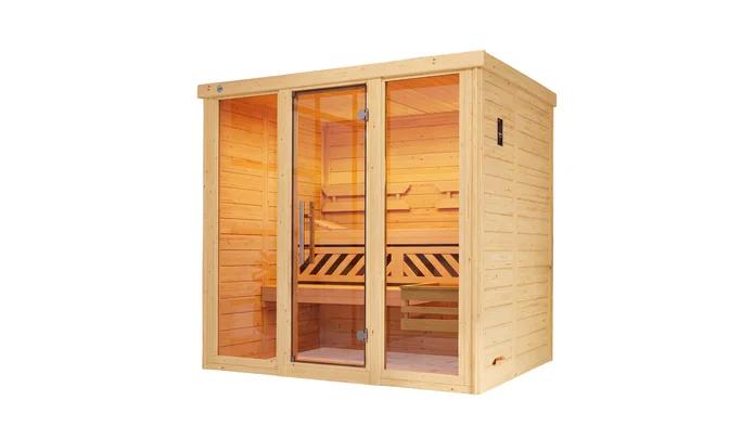 Massivholz-Elementsauna Kemi Panorama, 209x168, 2 Fenster, Glastür