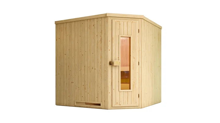 Elementsauna Varberg, 192x192, Eckeinstieg, Holztür, naturbelassen