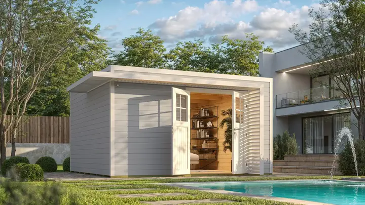 Gartenhaus Amberley, 400x400, Doppeltür, grau/weiß