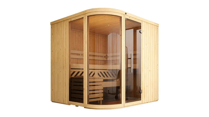 Elementsauna Sara, 192x192, 2 Fenster, Eckeinstieg, Glastür