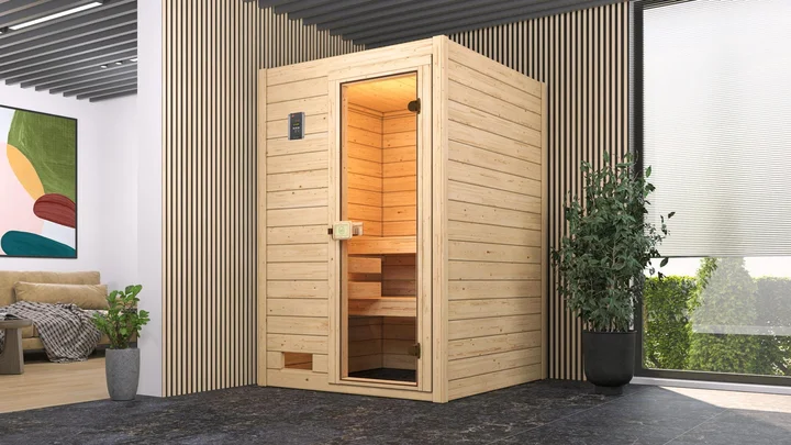 Massivholzsauna Valida, 139x139, Glastür