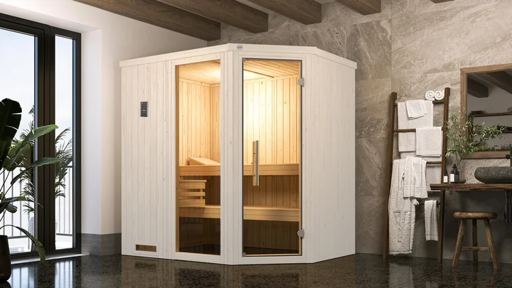 Elementsauna Varberg, 192x142, Fenster, Eckeinstieg, Glastür, weiß