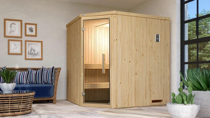 Elementsauna Varberg, 192x175, Eckeinstieg, Glastür, naturbelassen