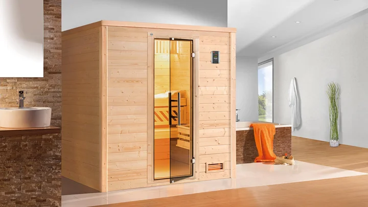 Massivholzsauna Bergen, 196x145, Glastür
