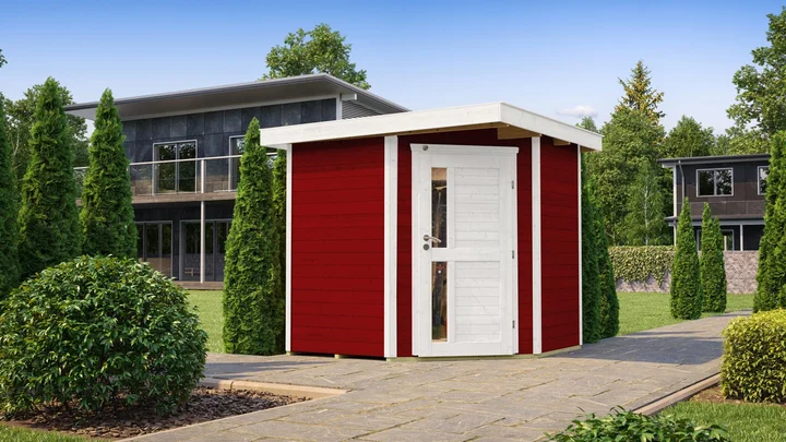 Gartenhaus Blackmount Angle 229, 209x205, Eckeinstieg, Design-Einzeltür, schwedenrot