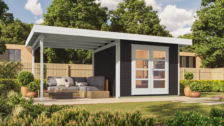 Gartenhaus Marlo 126, 590x301, Anbau2, Panoramatür, anthrazit