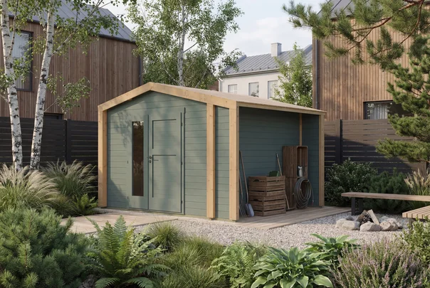 Gartenhaus Killarney, 350x300, Anbau, Design-Doppeltür, grüngrau/Eiche hell