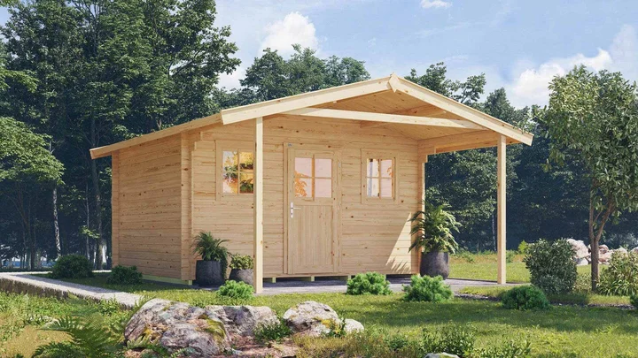 Gartenhaus Blumberg 110, 380x500, Vordach, Einzeltür, 2 Fenster, naturbelassen