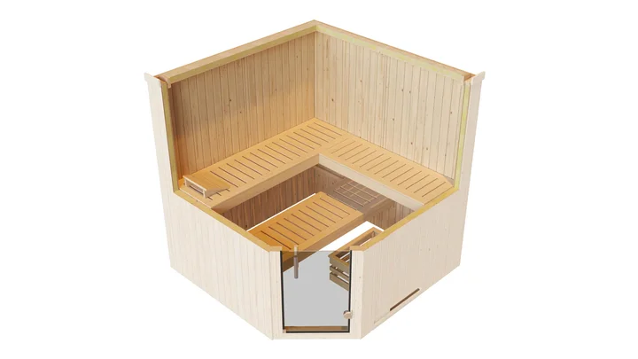 Elementsauna Varberg, 192x192, Eckeinstieg, Glastür, weiß