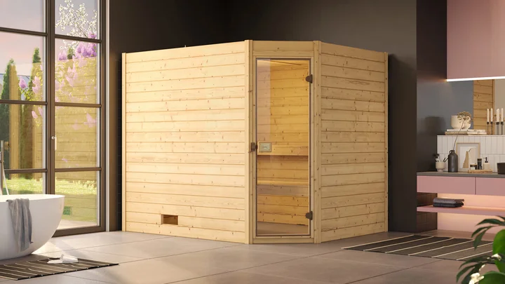 Massivholzsauna Valida Eck, 239x189, Eckeinstieg, Glastür