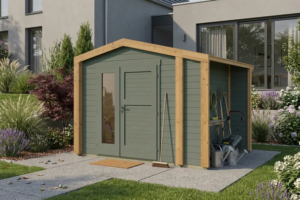 Gartenhaus Killarney, 300x250, Anbau, Design-Doppeltür, grüngrau/Eiche hell